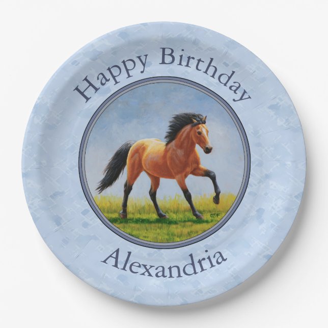 Buckskin Horse Running Light Blue Paper Plates (Front)