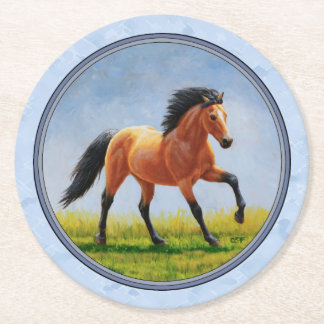 Buckskin Horse Running Light Blue Round Paper Coaster