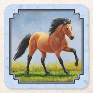 Buckskin Horse Running Light Blue Square Paper Coaster