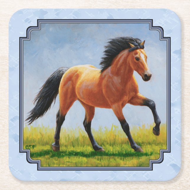 Buckskin Horse Running Light Blue Square Paper Coaster (Front)