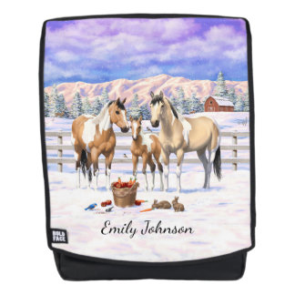 Buckskin Paint Horses In Snow Backpack