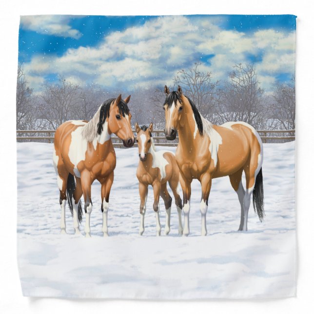 Buckskin Paint Horses In Snow Bandana (Front)