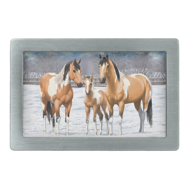 Buckskin Paint Horses In Snow Belt Buckle (Front)