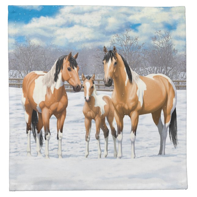 Buckskin Paint Horses In Snow Cloth Napkin (Front)