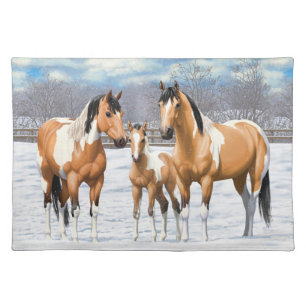 Buckskin Paint Horses In Snow Cloth Placemat