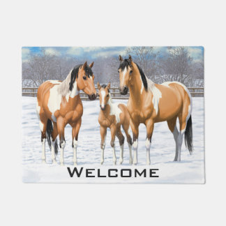 Buckskin Paint Horses In Snow Doormat