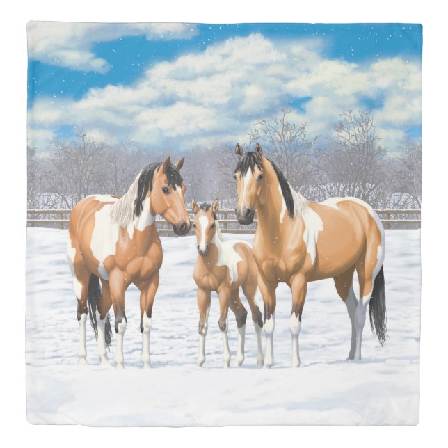 Buckskin Paint Horses In Snow Duvet Cover (Front)