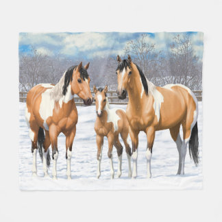 Buckskin Paint Horses In Snow Fleece Blanket