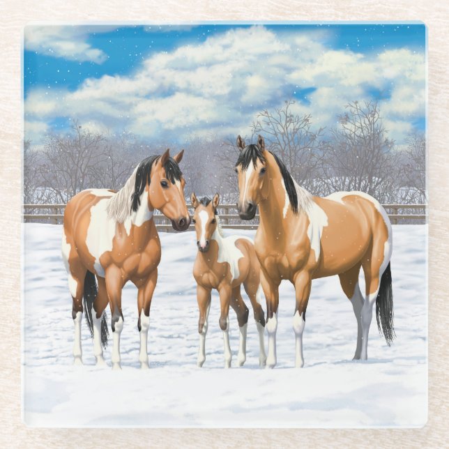 Buckskin Paint Horses In Snow Glass Coaster (Front)