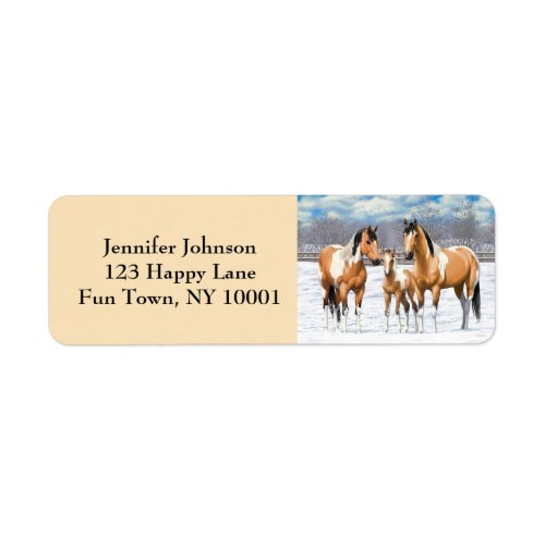 Buckskin Paint Horses In Snow Label