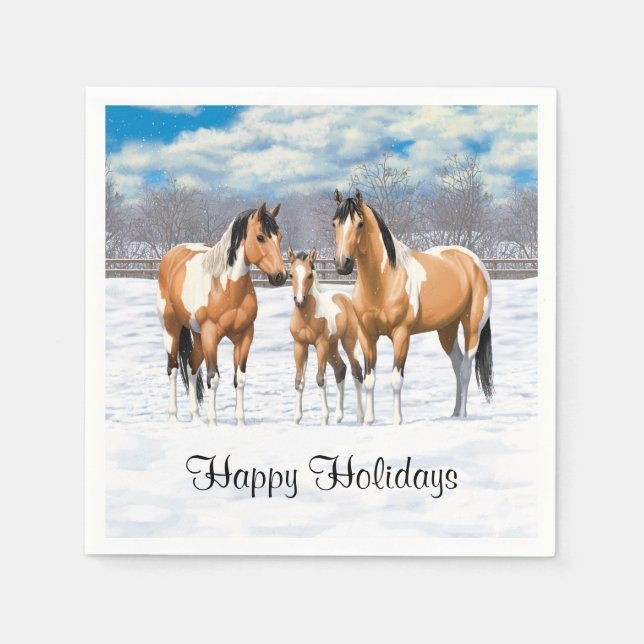 Buckskin Paint Horses In Snow Napkins (Front)