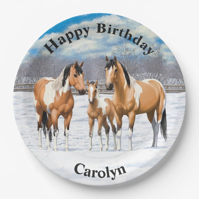 Buckskin Paint Horses In Snow Paper Plates (Front)