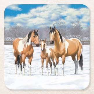 Buckskin Paint Horses In Snow Square Paper Coaster