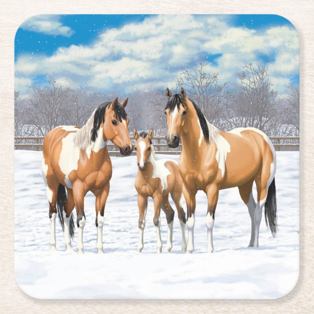 Buckskin Paint Horses In Snow Square Paper Coaster (Front)