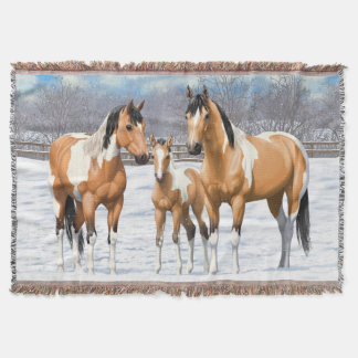 Buckskin Paint Horses In Snow Throw Blanket