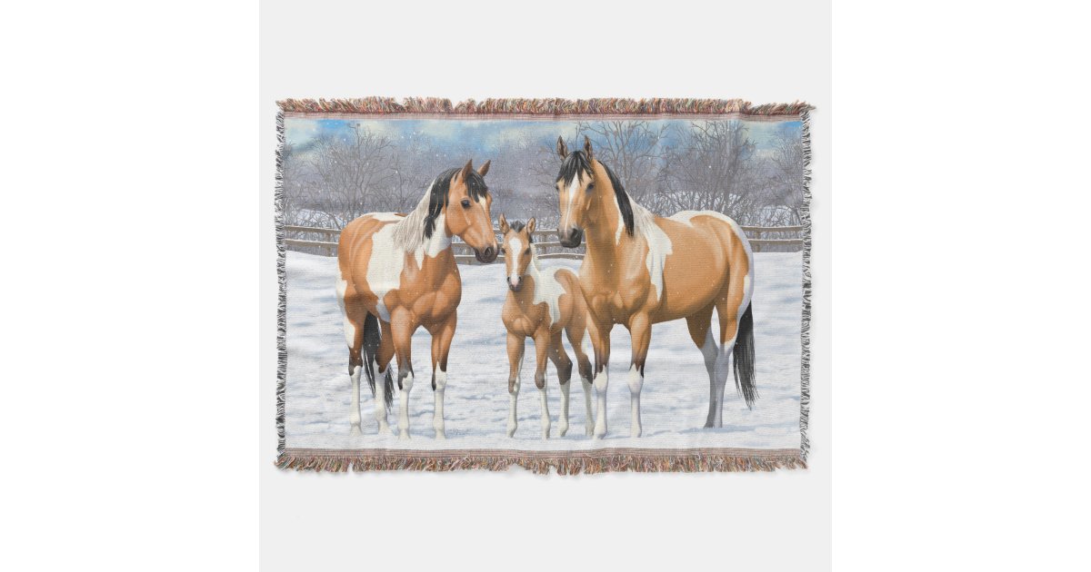 Buckskin Paint Horses In Snow Throw Blanket