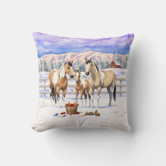 Buckskin Paint Horses In Snow Throw Pillow