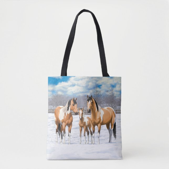 Buckskin Paint Horses In Snow Tote Bag (Front)