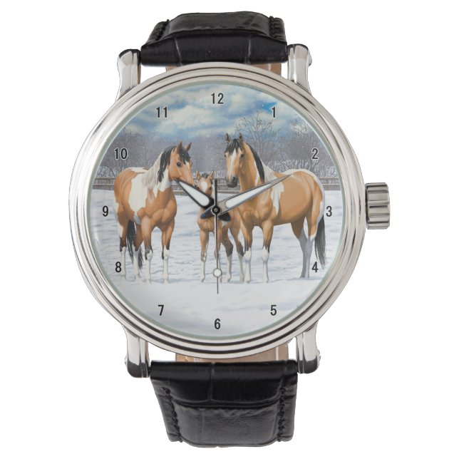 Buckskin Paint Horses In Snow Watch (Front)