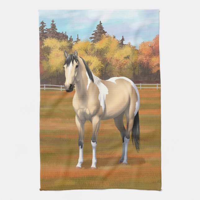 Buckskin Pinto Dun Paint Horse Staillion Kitchen Towel (Vertical)