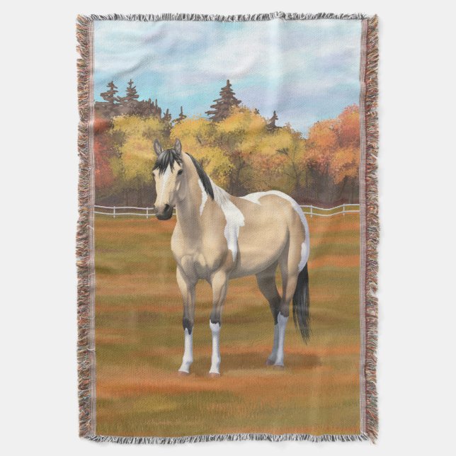 Buckskin Pinto Dun Paint Horse Staillion Throw Blanket (Front Vertical)