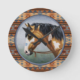 Buckskin Pinto Native American War Horse Round Clock