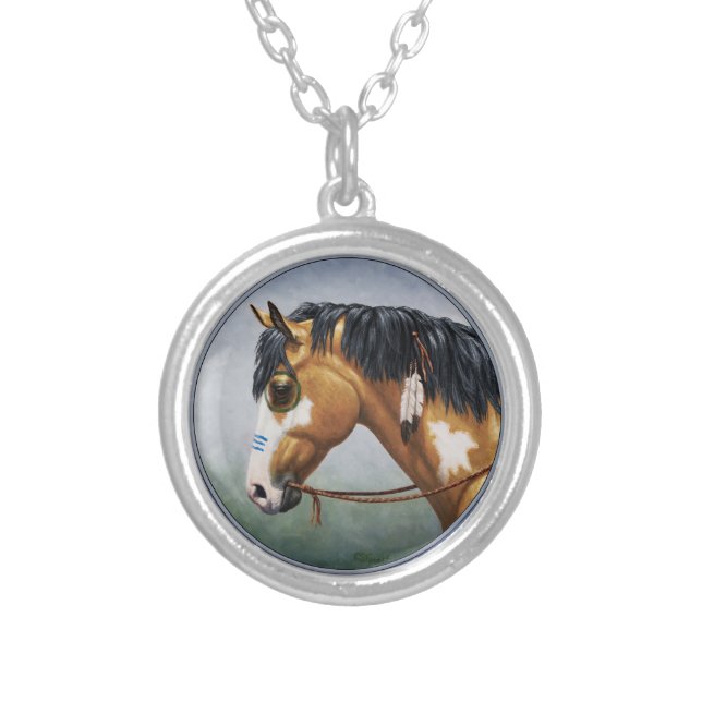 Buckskin Pinto Native American War Horse Silver Plated Necklace (Front)