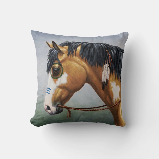 Buckskin Pinto Native American War Horse Throw Pillow (Front)