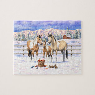 Buckskin Pinto Paint Quarter Horses In Snow Jigsaw Puzzle
