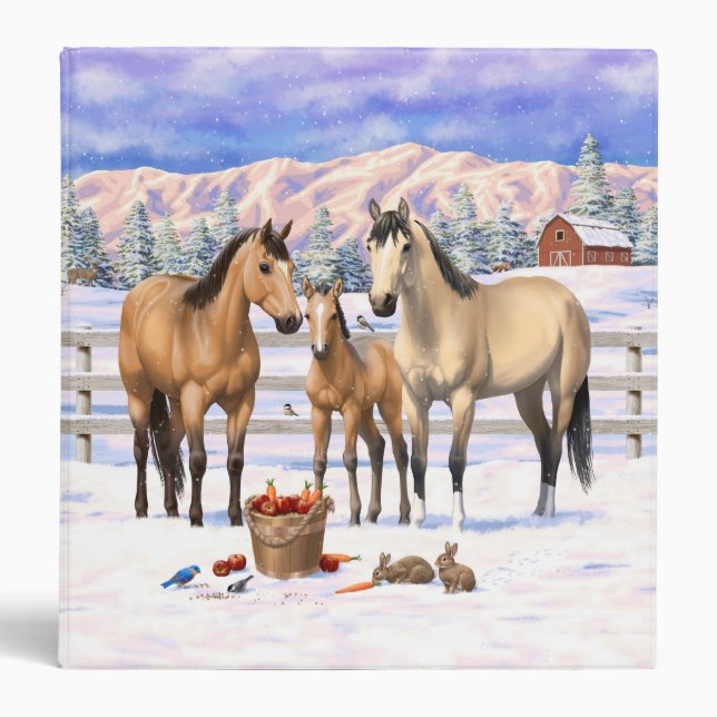 Buckskin Quarter Horses In Snow 3 Ring Binder (Front)