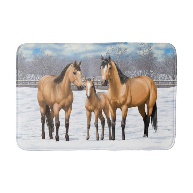 Buckskin Quarter Horses In Snow Bath Mat (Front)