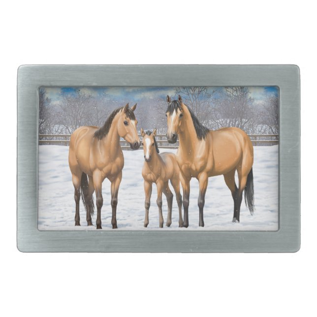 Buckskin Quarter Horses In Snow Belt Buckle (Front)