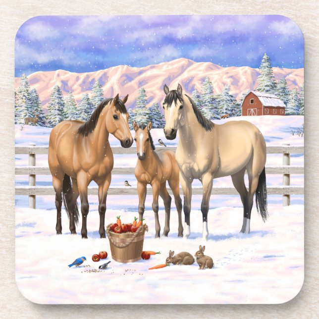 Buckskin Quarter Horses In Snow Beverage Coaster (Front)
