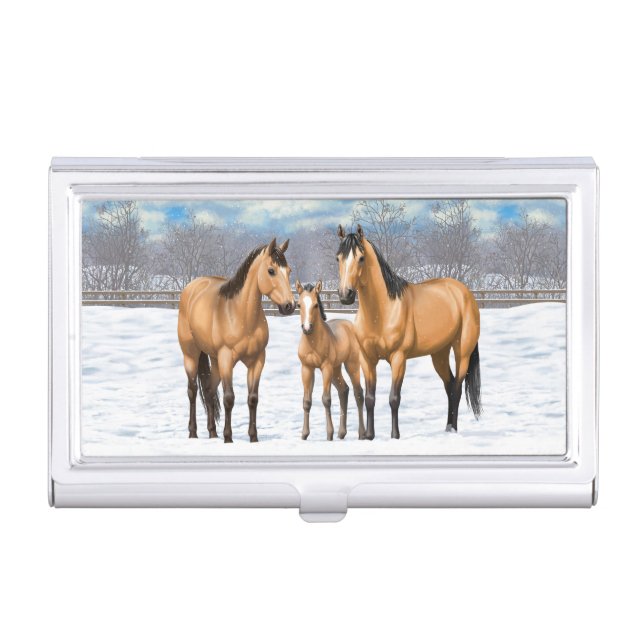 Buckskin Quarter Horses In Snow Business Card Case (Front)