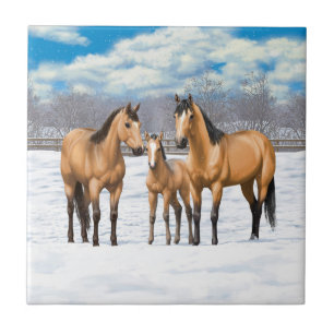 Buckskin Quarter Horses In Snow Ceramic Tile