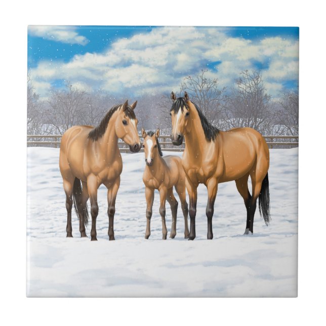 Buckskin Quarter Horses In Snow Ceramic Tile (Front)