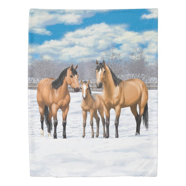 Buckskin Quarter Horses In Snow Duvet Cover (Front)