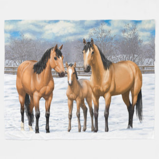 Buckskin Quarter Horses In Snow Fleece Blanket