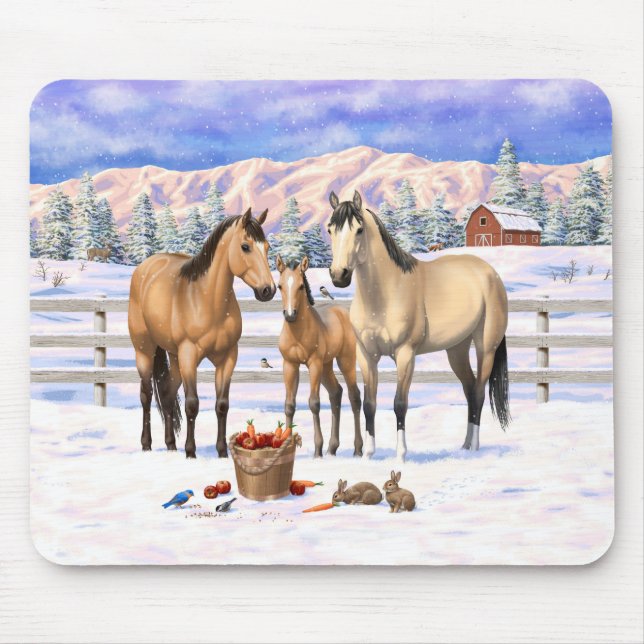 Buckskin Quarter Horses In Snow Mouse Pad (Front)