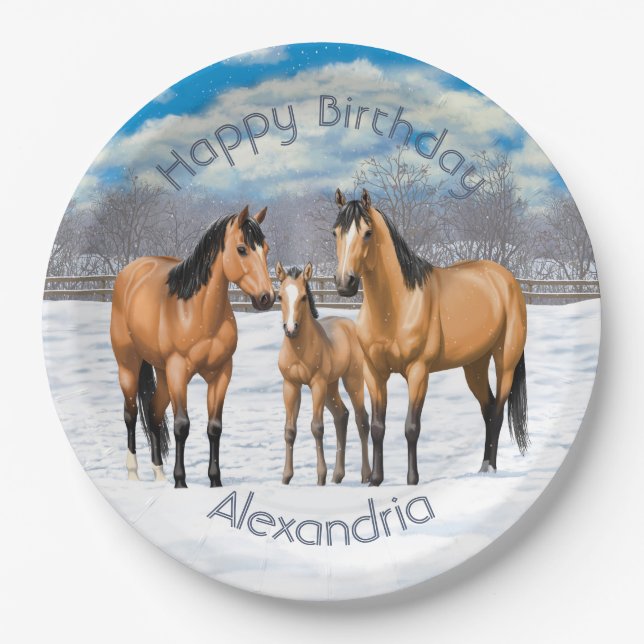 Buckskin Quarter Horses In Snow Paper Plates (Front)