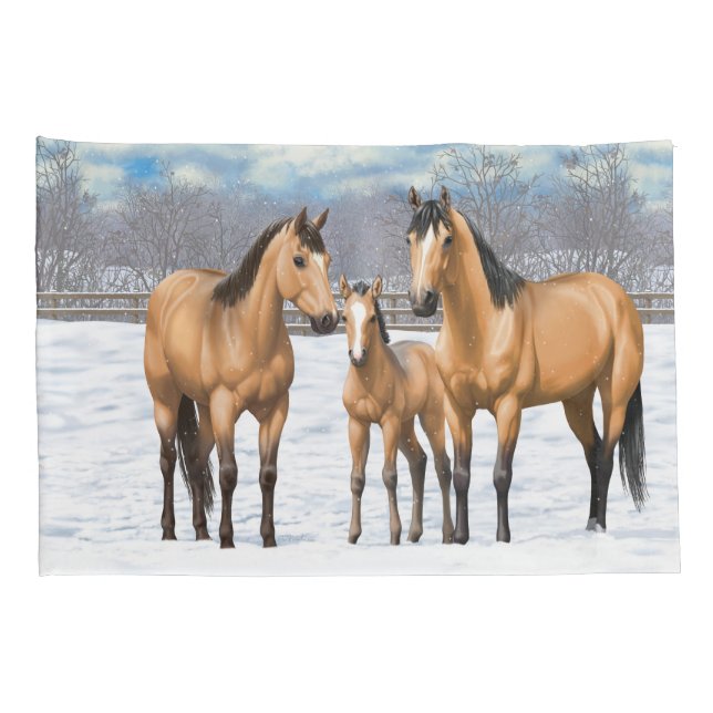 Buckskin Quarter Horses In Snow Pillow Case (Back-Right)