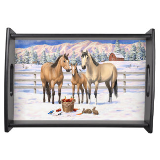 Buckskin Quarter Horses In Snow Serving Tray