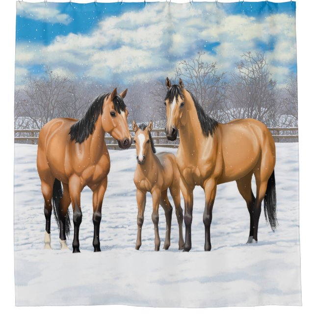 Buckskin Quarter Horses In Snow Shower Curtain (Front)