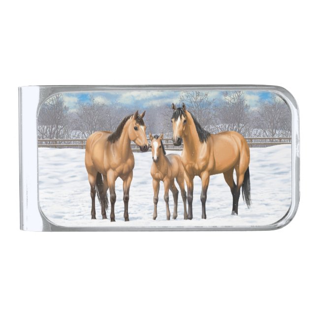 Buckskin Quarter Horses In Snow Silver Finish Money Clip (Front)