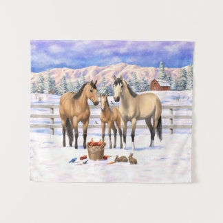 Buckskin Quarter Horses In Snow Tapestry