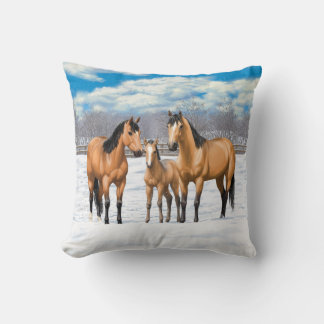 Buckskin Quarter Horses In Snow Throw Pillow
