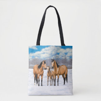Buckskin Quarter Horses In Snow Tote Bag