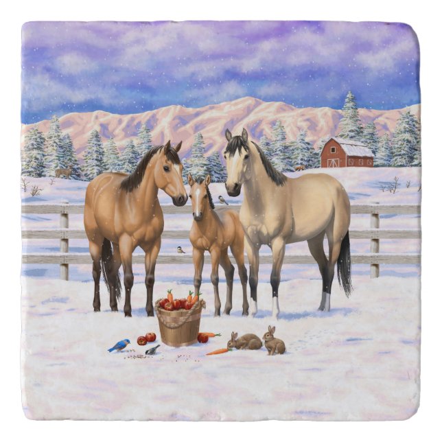 Buckskin Quarter Horses In Snow Trivet (Front)