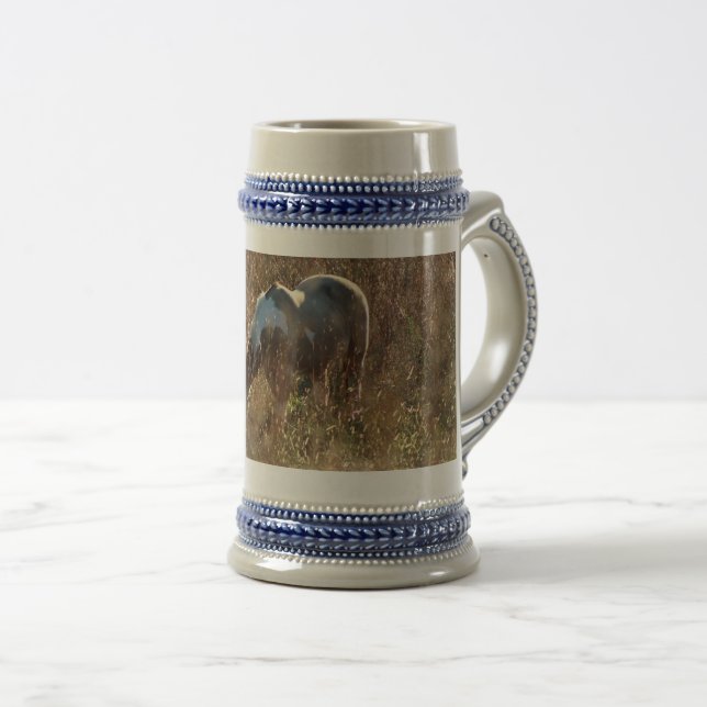 Buckskin Tobiano Horse Grazing Morning Sun Photo Beer Stein (Front Right)