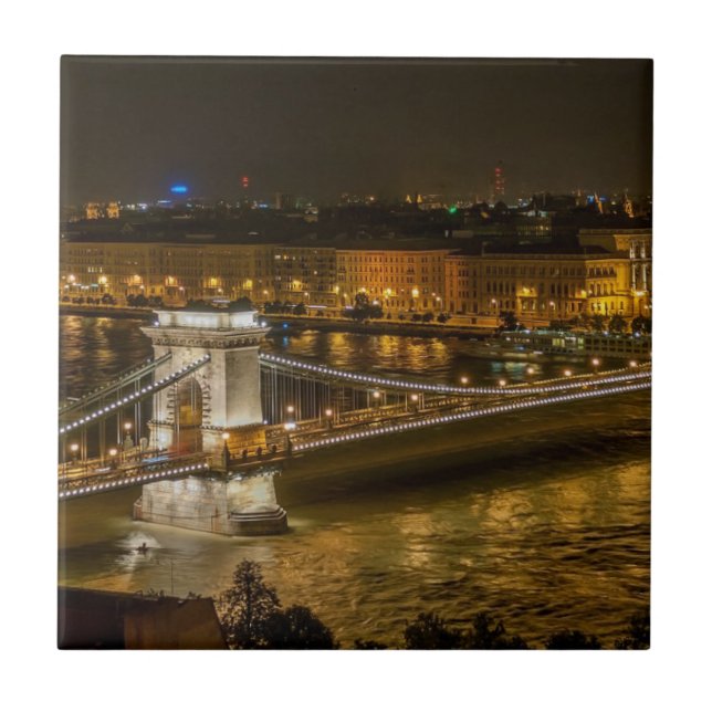 Budapest Chain Bridge at Night Ceramic Tile (Front)